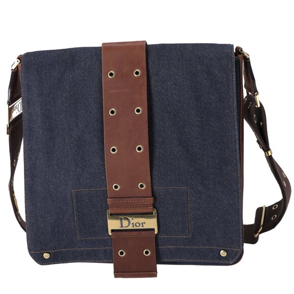 Christian Dior Street Chic Shoulder Bag Navy Brown Denim Leather - Picture 1 of 7